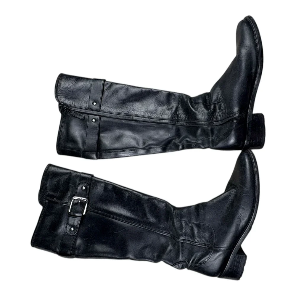 Black Leather Knee High Riding Boots Womens 8B Buckle Zip Made in‎ India